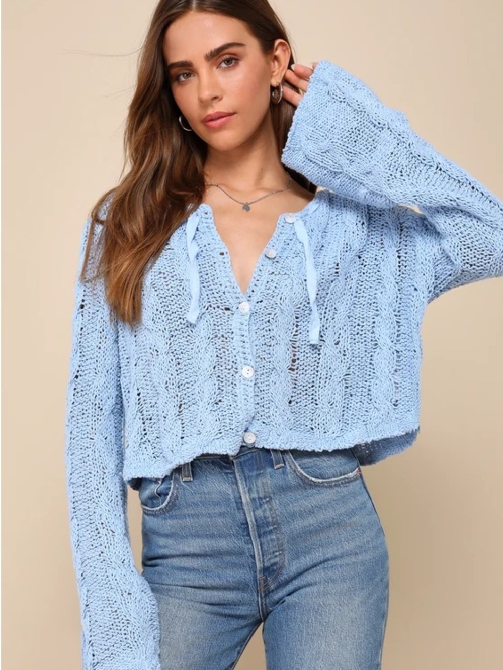 Light Blue Cropped Knit Sweater : Free People Robyn Knit Cardigan